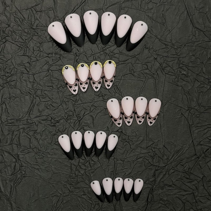 SINHOT French Tip Press on Nails Medium Almond Fake Nails Glossy False Nails Stiletto Glue on Nail with Design Cute Black Graffiti Full Cover Acrylic Nail (24Pcs,1 Glue) - Image 2